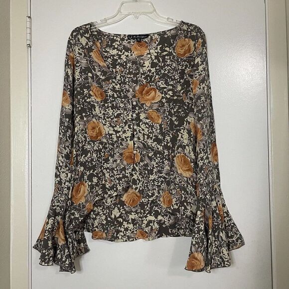 For Love & Lemons brown floral vneck Bell sleeve Blouse top size Medium - Picture 1 of 6
